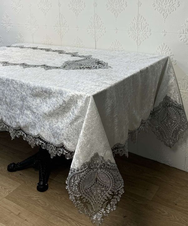 Скатертина Велюр Acme Tekstil 160x300 Payidar Krem-Silver PVS