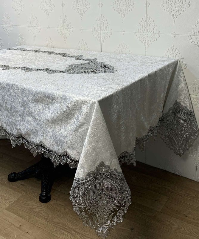 Скатертина Велюр Acme Tekstil 160x300 Payidar Krem-Silver PVS