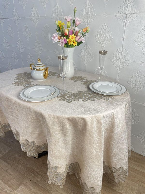 Скатертина Велюр Acme Tekstil 160x300 ovale Daisy Capiccino PVS