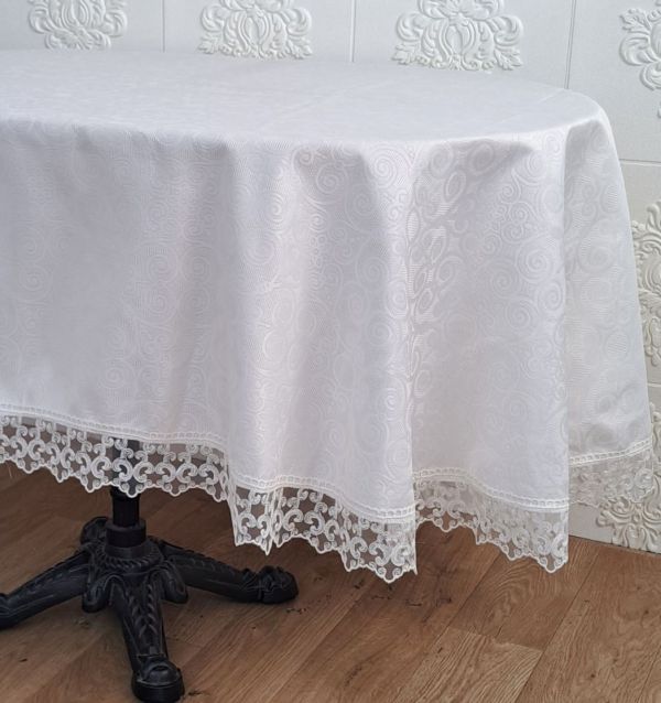 Скатертина Masali поліестер з мереживом 160х220 ovale Model 515 Cream