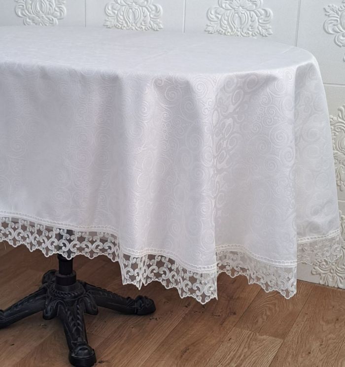 Скатертина Masali поліестер з мереживом 160х220 ovale Model 515 Cream