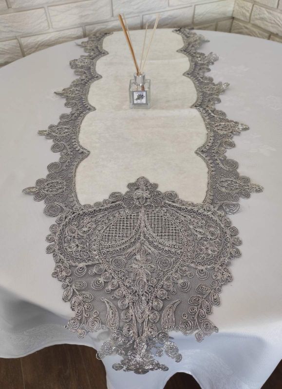 Доріжка велюрова Acme з мереживом 40*100 Payidar Cream-Silver