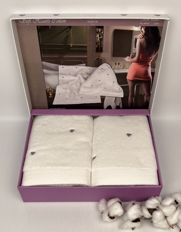 Рушники Maison D'or 2шт Soft Hearts Set White-Dark Lilac
