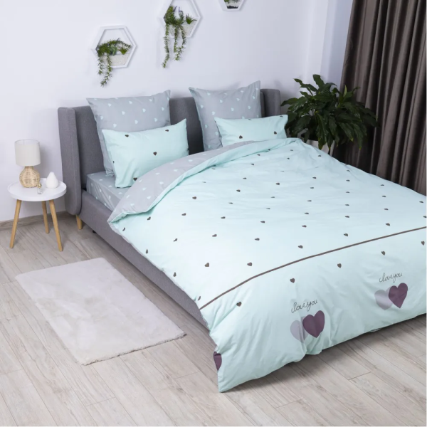 Комплект постільної білизни "Happy Sleep" євро ( Mint&Grey Hearts,50x70)