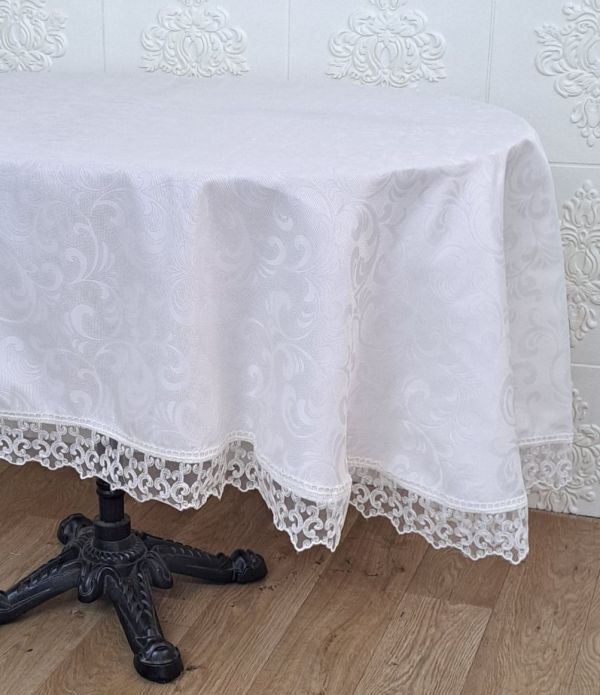 Скатертина Masali поліестер з мереживом 160х260 ovale Model 512 Cream