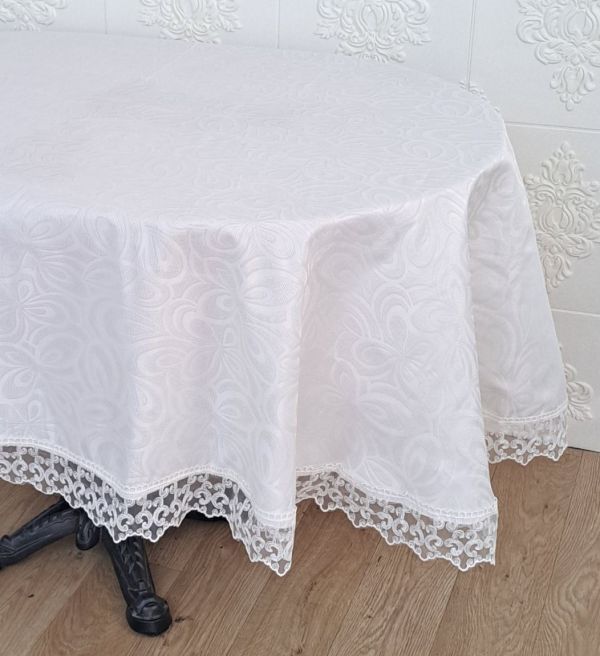 Скатертина Masali поліестер з мереживом 160х220 ovale Model 514 Cream