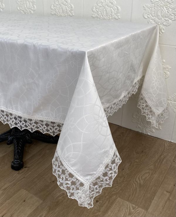 Скатертина Masali поліестер з мереживом 160х350 Model 513 Cream
