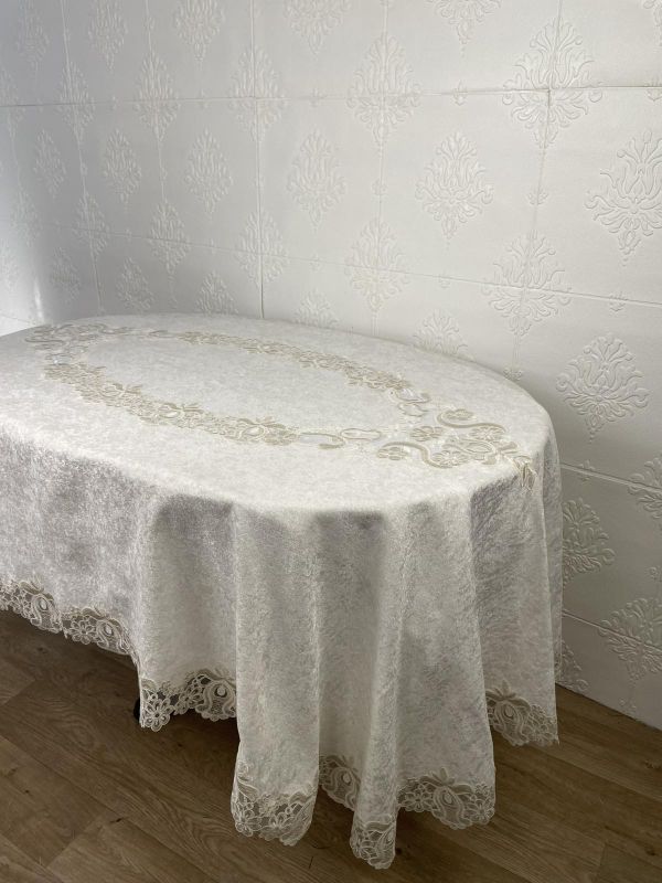 Скатертина Велюр Acme Tekstil 160x220 ovale Marguerite Krem PVS