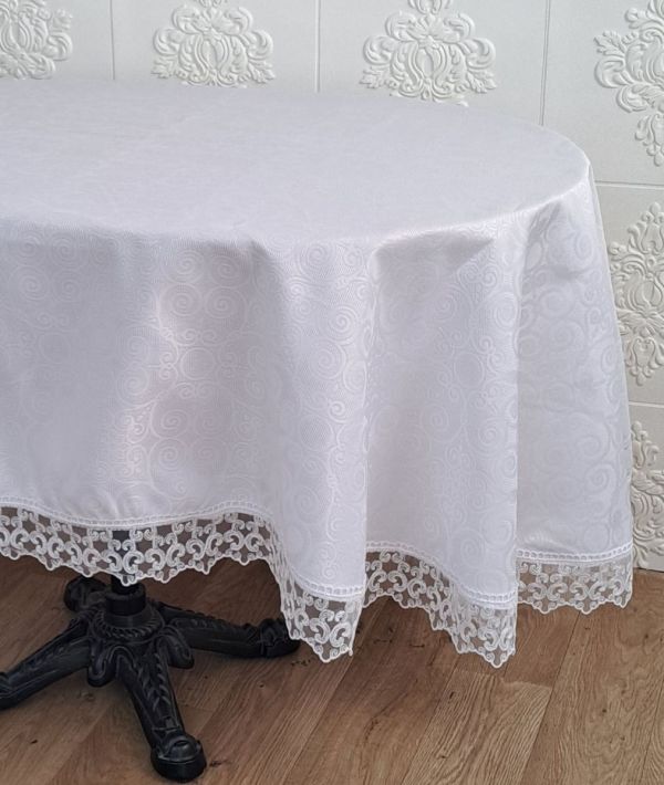 Скатертина Masali поліестер з мереживом 160х220 ovale Model 514 White