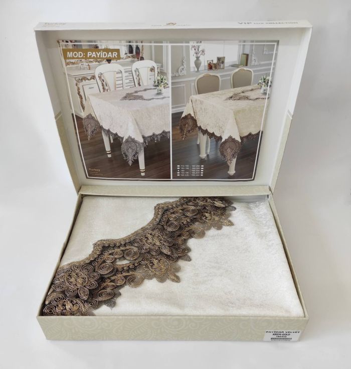 Скатертина Велюр Acme Tekstil 160 круг Payidar Cream-Gold