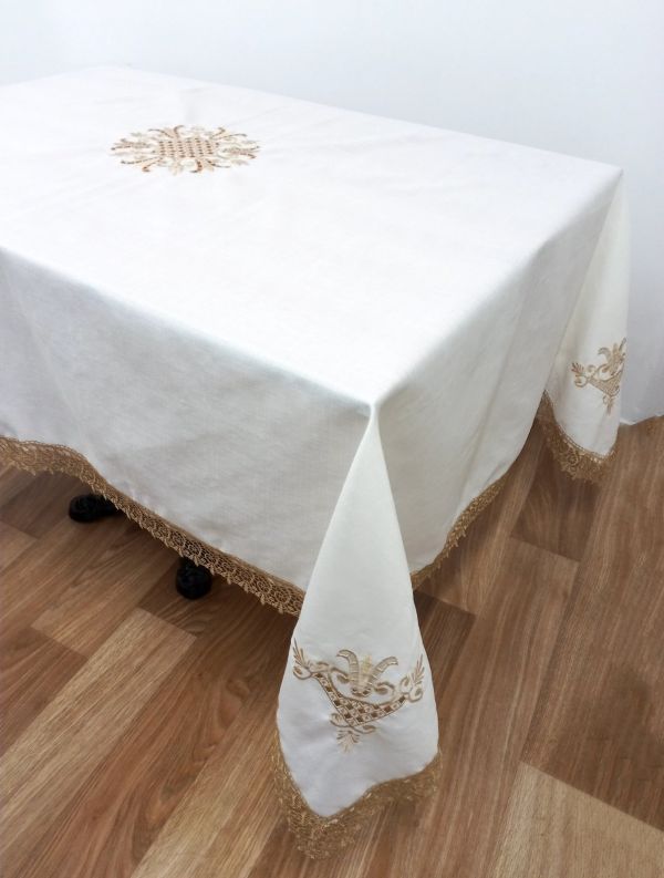Скатертина Maison Royale льон з мереживом 160x220 Lale Cream-Cappucino