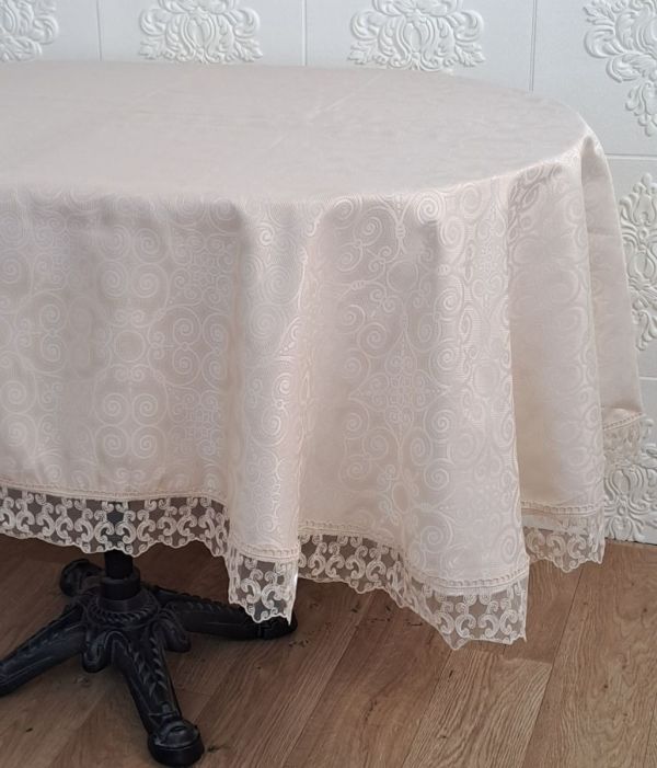 Скатертина Masali поліестер з мереживом 160х260 ovale Model 515 Cappucino