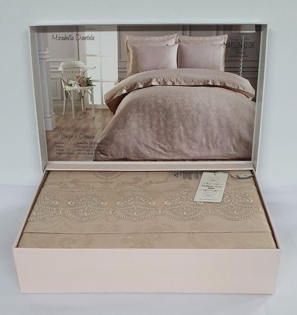 Постільна білизна Maison D'or сатин жаккард з мереживом 200x220 Mirabella Dantela Beige