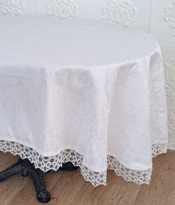 Скатертина Masali поліестер з мереживом 160х220 ovale Model 513 Cream