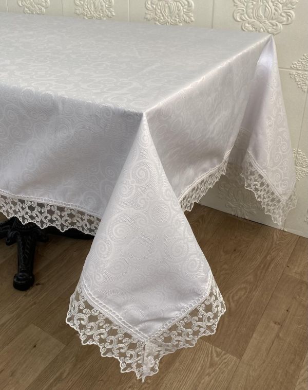 Скатертина Masali поліестер з мереживом 160х300 Model 515 White