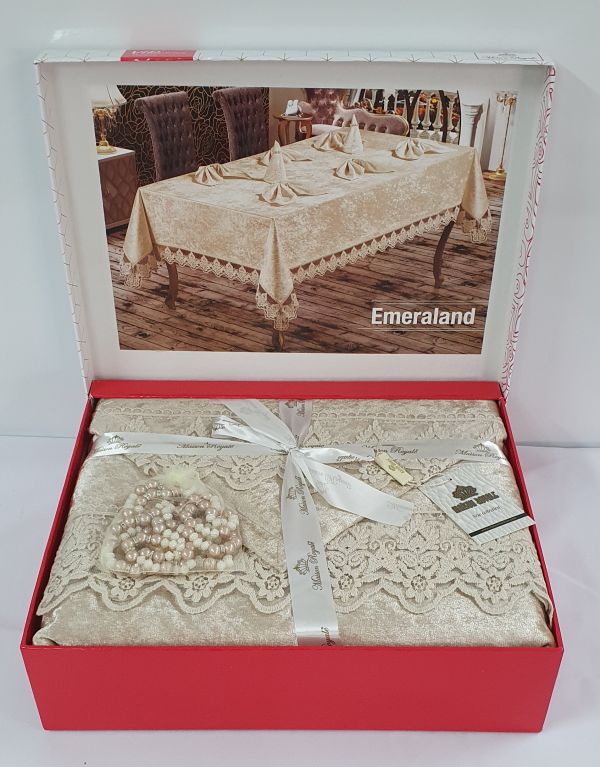 Скатертина Set Велюр Maison Royale 160x300+12 psc Emerald Cappucino