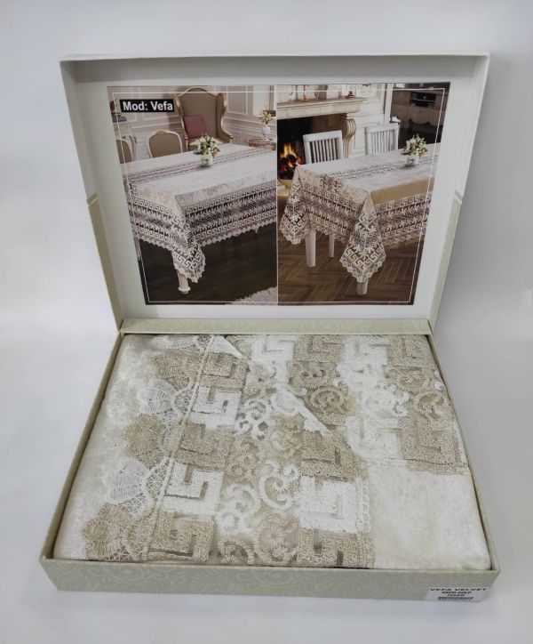 Скатертина Велюр Acme Tekstil 180 круг Vefa Krem-Gold